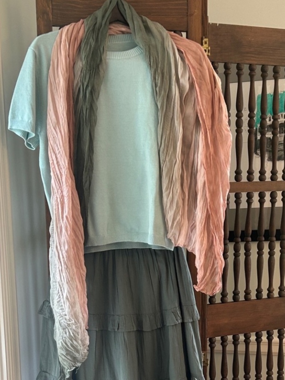 Pink Green Airy Scarf Bohemian Accessory UPCycle Rework - Picture 5 of 6